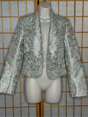 Vintage Old Navy Silver and Mint Floral Brocade Cropped Blazer